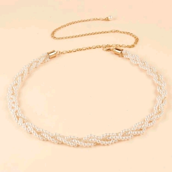 Faux white pearl beaded Gold‎ evening bridal waist wedding dress belt - Picture 12 of 15